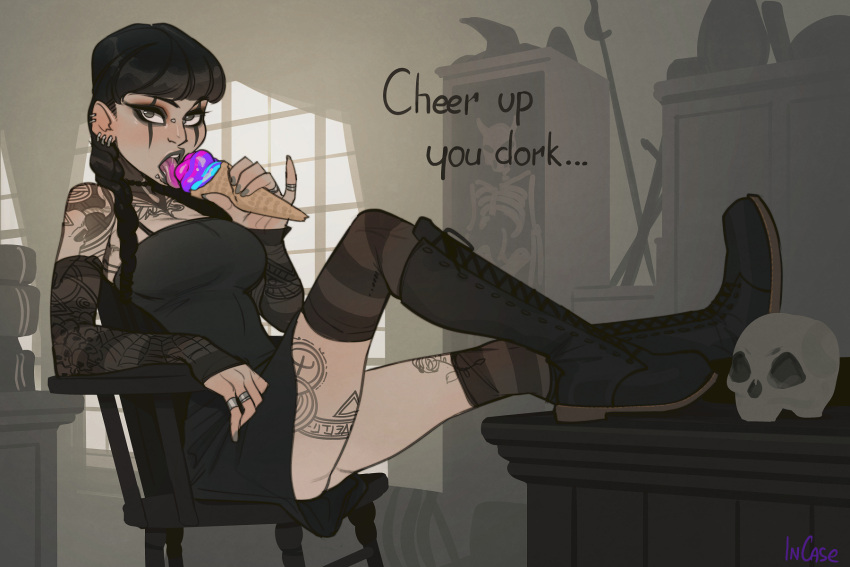 1girl, arm_tattoo, bangs, black_dress, black_footwear, black_hair, black_sleeves, black_thighhighs