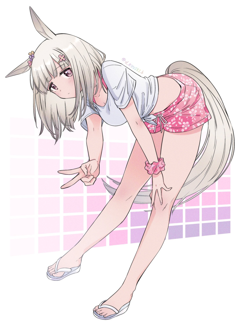 1girl, alternate_costume, animal_ears, bangs, bare_legs, bent_over, commentary_request, ear_ornament, floral_print, flower, gaze_on_me!_outfit_(umamusume), hair_flower, hair_ornament, hairclip, happy_meek_(umamusume), highres, horse_ears, horse_girl, horse_tail, looking_at_viewer, midriff_peek, pink_eyes, pink_shorts, ryusei_(ryusei_b), sandals, scrunchie, shirt, short_hair, short_shorts, short_sleeves, shorts, solo, t-shirt, tail, tied_shirt, umamusume, v, white_footwear, white_hair, white_shirt, wrist_scrunchie