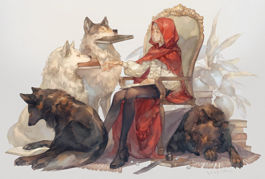 1girl, 4others, black_footwear, blonde_hair, book, chair, commentary_request, fighting_stance