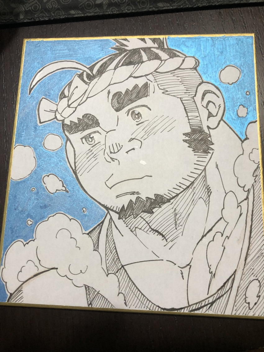 1boy, ahoge, blue_background, blush, bubble, commentary_request, ei_(marutendon), facial_hair, goatee, hachimaki, headband, highres, jewelry, long_sideburns, looking_to_the_side, mature_male, medium_hair, multicolored_hair, muscular, muscular_male, necklace, nib_pen_(medium), painting_(medium), photo_(medium), portrait, puckered_lips, raised_eyebrow, sarutahiko_(housamo), shikishi, sideburns, solo, tank_top, thick_eyebrows, tokyo_afterschool_summoners, traditional_media, two-tone_hair, undercut, uneven_eyes
