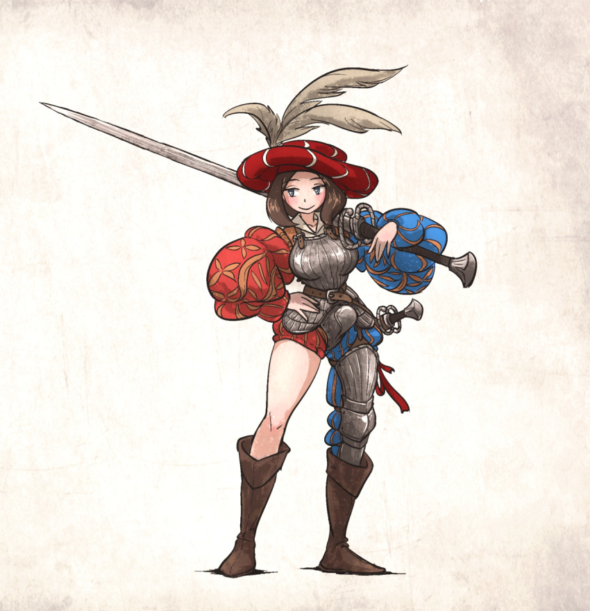 1girl, armor, asymmetrical_legwear, blue_eyes, boots, breastplate, brown_footwear, brown_hair