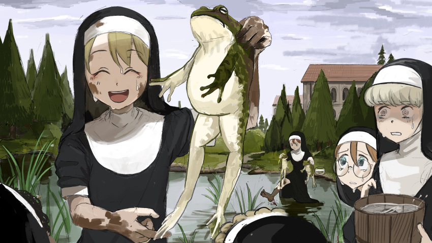 4girls, :d, ^_^, absurdres, barefoot, blue_eyes, brown_hair, bucket