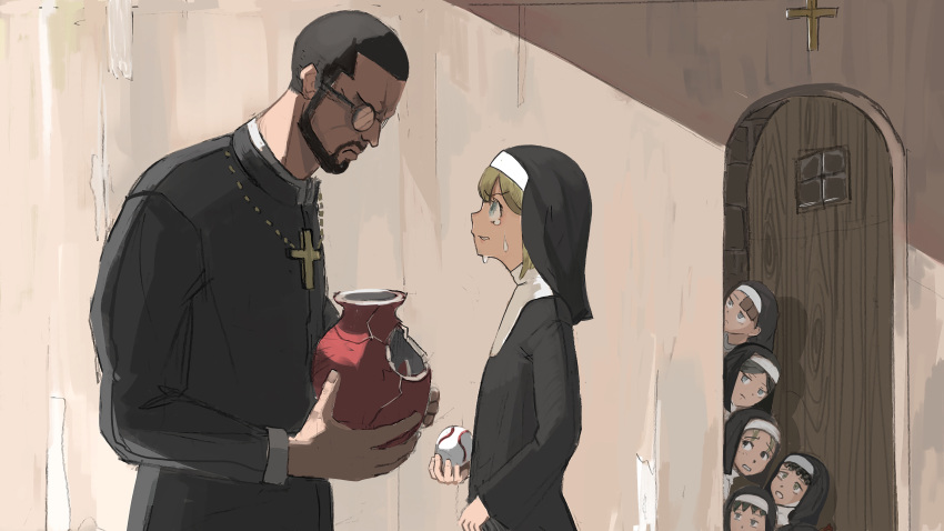 1boy, 6+girls, absurdres, age_difference, baseball, beard, black_hair, blonde_hair