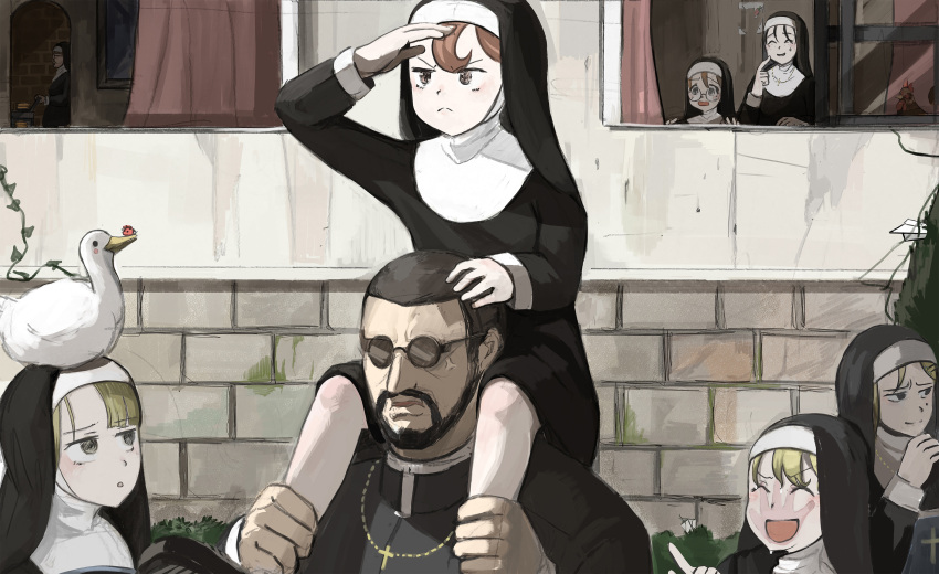 1boy, 6+girls, absurdres, animal_on_head, bird, blonde_hair, blue_eyes, brick_wall