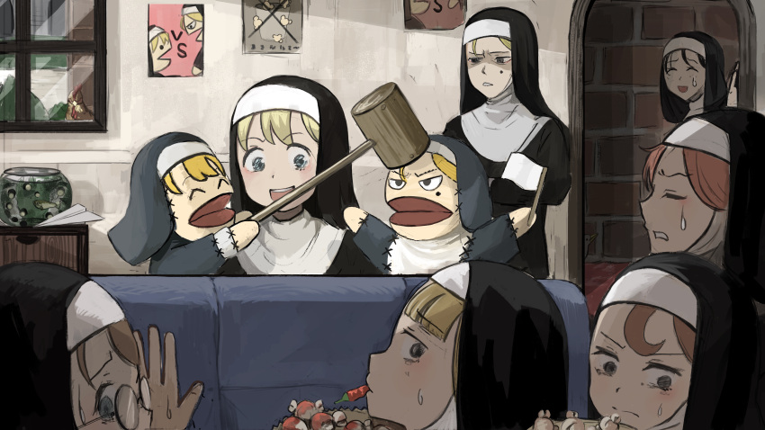 6+girls, :d, absurdres, bird, blonde_hair, blue_eyes, brick_wall, catholic