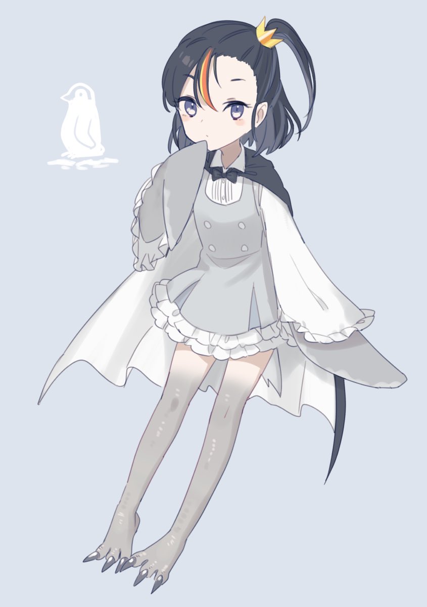 1girl, :/, animal_feet, bird, bird_legs, bird_tail, bird_wings, black_cape, black_hair, blonde_hair, blue_background, blue_eyes, cape, closed_mouth, collared_shirt, colored_skin, crown, dress, emperor_penguin, full_body, grey_dress, grey_skin, hair_between_eyes, hand_up, harpy, highres, konirodori, long_sleeves, looking_at_viewer, mini_crown, monster_girl, multicolored_skin, one_side_up, orange_hair, original, penguin, penguin_girl, penguin_tail, personification, shirt, short_hair, side_ponytail, simple_background, solo, standing, tail, talons, two-sided_cape, two-sided_fabric, two-tone_skin, white_cape, winged_arms, wings