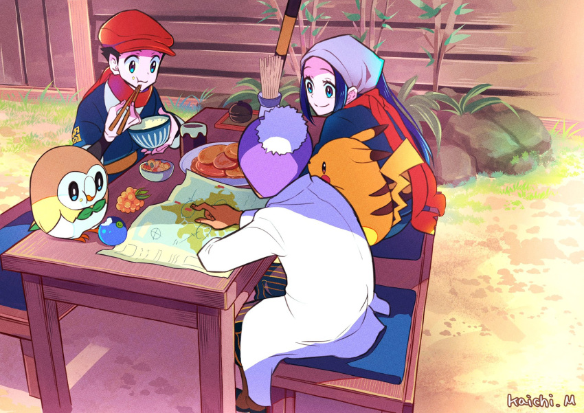 1girl, 2boys, akari_(pokemon), artist_name, black_hair, blue_eyes, cabbie_hat, chopsticks