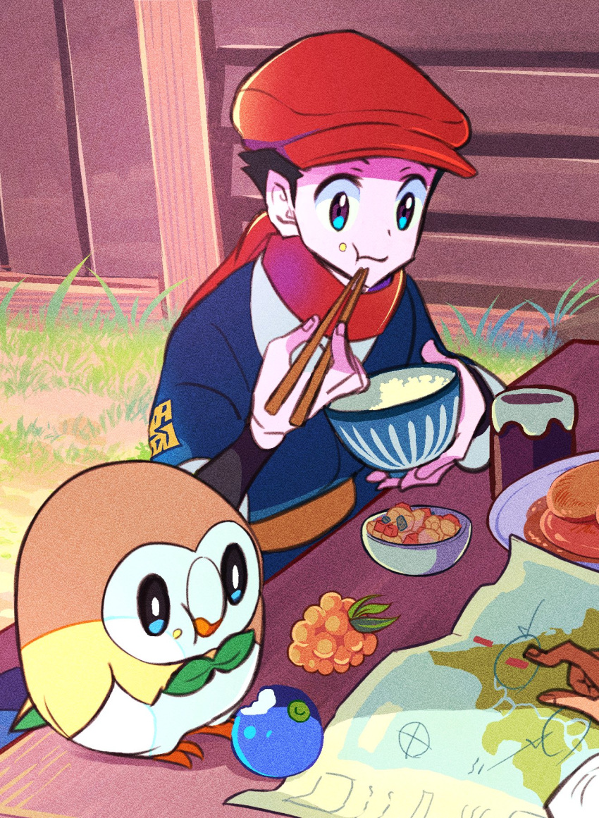 1boy, 1other, black_hair, blue_eyes, cabbie_hat, chopsticks, commentary_request, eating