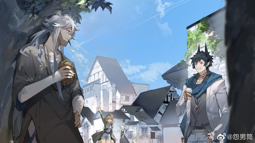 2boys, 2girls, alchemy_stars, bangs, barton_(alchemy_stars), black_hair, black_shirt, blonde_hair