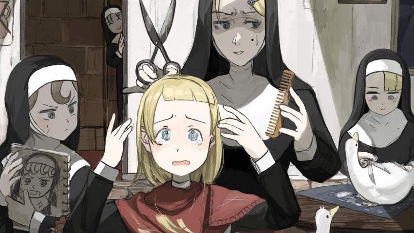 5girls, bird, black_hair, blonde_hair, blue_eyes, book, brick_wall, brown_hair