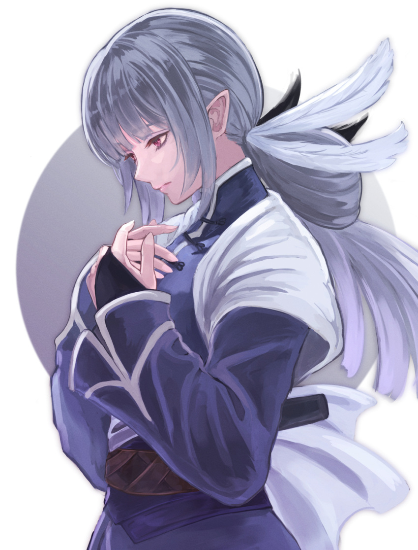 1girl, akito1218, bangs, black_gloves, closed_mouth, fingerless_gloves, gloves, highres, long_hair, long_sleeves, mikoto_(samurai_spirits), pointy_ears, purple_hair, red_eyes, samurai_spirits, solo, upper_body, white_background