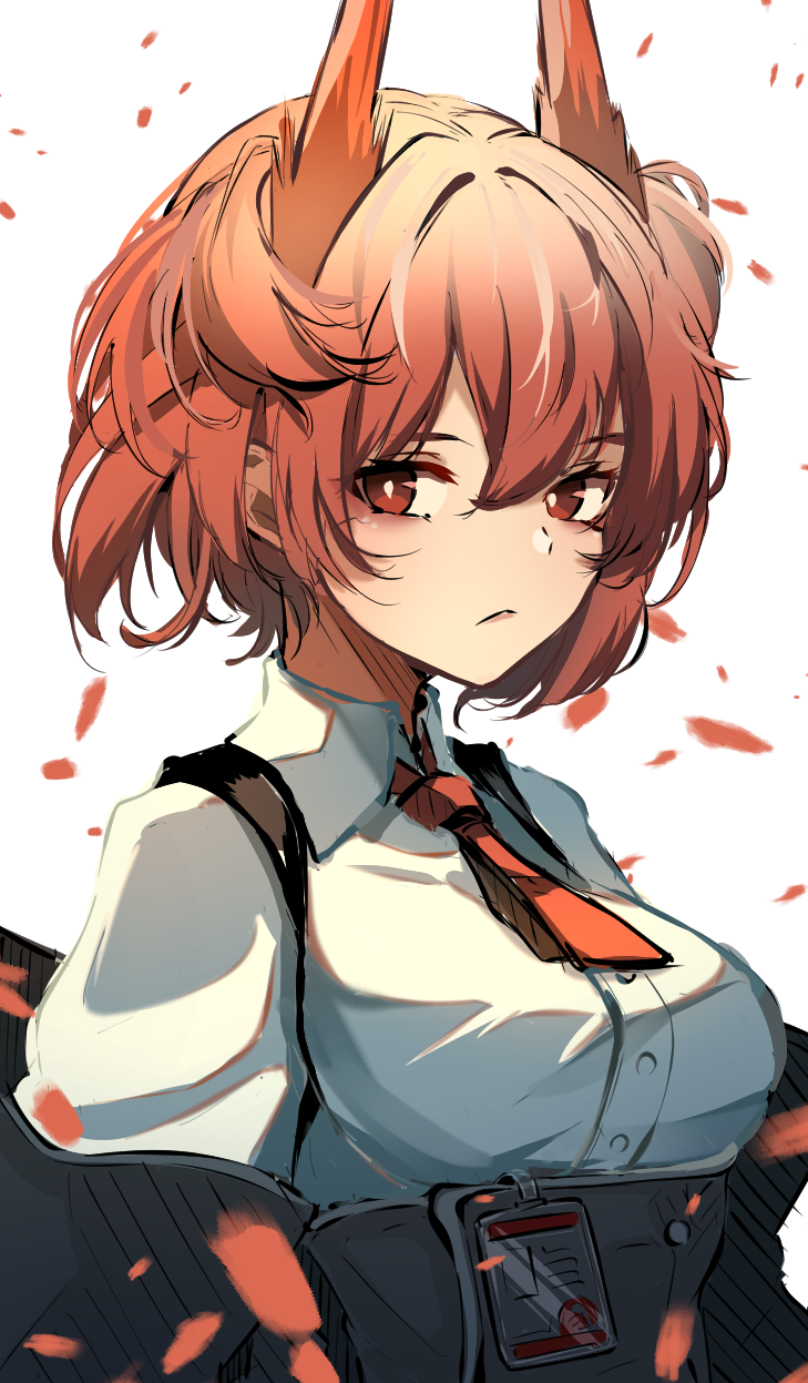 1girl, animal_ears, arknights, bird_ears, black_skirt, breasts, bright_pupils, collared_shirt