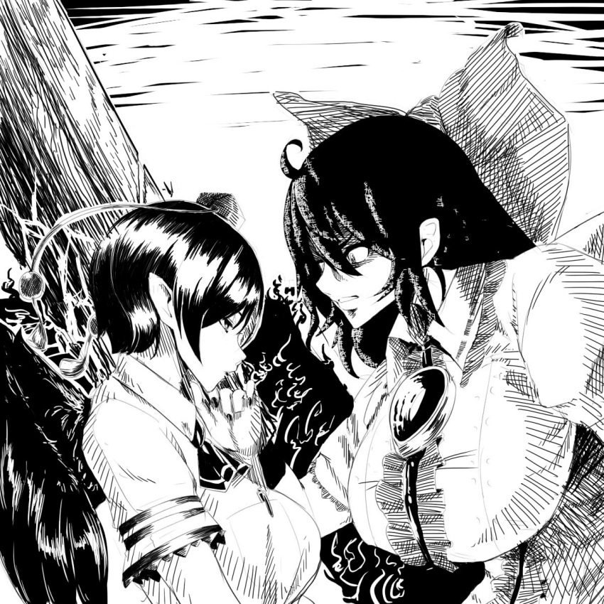 2girls, arm_cannon, bird_wings, black_wings, bow, breasts, closed_mouth, greyscale