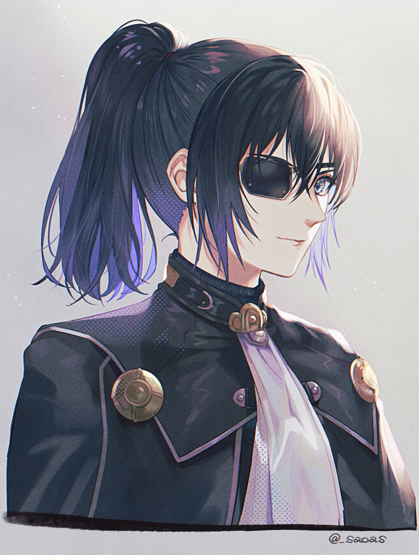 1boy, ascot, bangs, black_hair, black_jacket, blue_eyes, closed_mouth, commentary_request, cropped_torso, eyepatch, grey_background, hair_between_eyes, highres, jacket, long_hair, looking_at_viewer, male_focus, military, military_uniform, noah_(xenoblade), oas, one_eye_covered, ponytail, simple_background, solo, twitter_username, uniform, white_ascot, xenoblade_chronicles_(series), xenoblade_chronicles_3