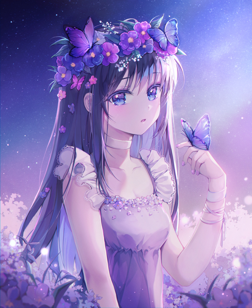 1girl, bangs, blue_flower, blush, bug, butterfly, choker, collarbone