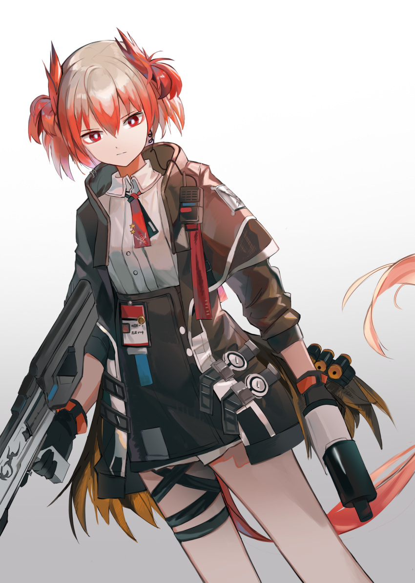 1girl, animal_ears, arknights, bird_ears, bird_girl, bird_tail, black_jacket, black_skirt, bright_pupils, collared_shirt, cowboy_shot, dutch_angle, fiammetta_(arknights), gradient, gradient_background, grey_background, gun, high-waist_skirt, highres, holding, holding_gun, holding_weapon, huker_is_glad, id_card, jacket, long_sleeves, looking_at_viewer, necktie, open_clothes, open_jacket, red_eyes, red_necktie, redhead, shirt, short_hair, short_necktie, simple_background, skirt, solo, tail, weapon, white_pupils, white_shirt