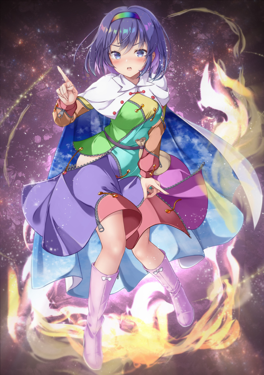 aka_tawashi, blue_hair, boots, cape, cloak, cloud_print, dress, highres