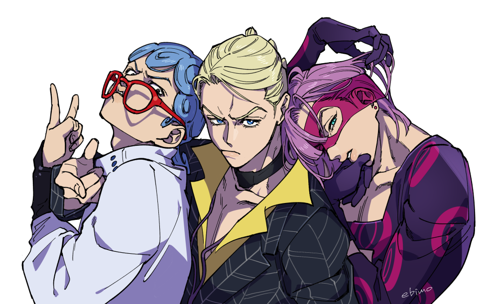 3boys, bangs, black_choker, black_eyes, black_jacket, blue_eyes, blue_hair, choker, collared_shirt, ghiaccio, glasses, gloves, green_eyes, jacket, jewelry, jojo_no_kimyou_na_bouken, long_hair, long_sleeves, looking_at_viewer, mask, melone, mojisan_(ebimo), multiple_boys, necklace, prosciutto, purple_gloves, purple_hair, purple_shirt, shirt, short_hair, simple_background, vento_aureo, white_background, white_jacket, yellow_shirt