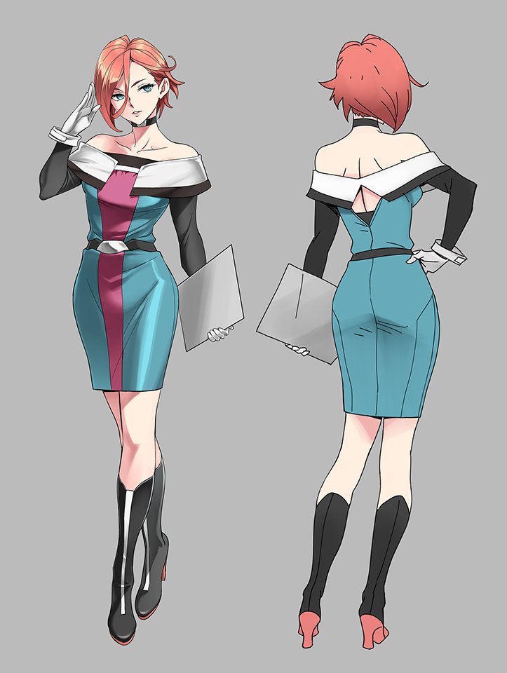 1girl, aqua_eyes, boots, breasts, choker, dress, gloves, grey_background, hand_on_hip, high_heel_boots, high_heels, knee_boots, medium_dress, meryl_spanna, nishieda, off-shoulder_dress, off_shoulder, orange_hair, short_hair, shoulder_blades, small_breasts, solo, super_robot_wars, super_robot_wars_t, white_gloves