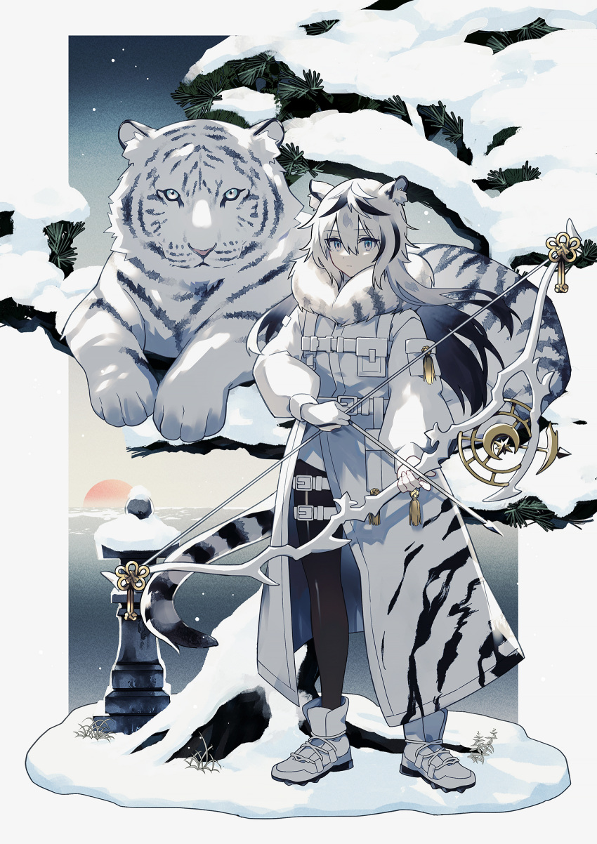 1girl, animal, animal_ears, animal_print, arrow_(projectile), black_hair, blue_eyes, boots, bow_(weapon), closed_mouth, coat, expressionless, highres, holding, holding_bow_(weapon), holding_weapon, long_coat, looking_at_viewer, medium_hair, multicolored_hair, negiyan, nengajou, new_year, original, snow, snow_on_tree, sun, sunset, tail, tiger, tiger_ears, tiger_girl, tiger_print, tiger_tail, water, weapon, white_coat, white_hair, white_theme