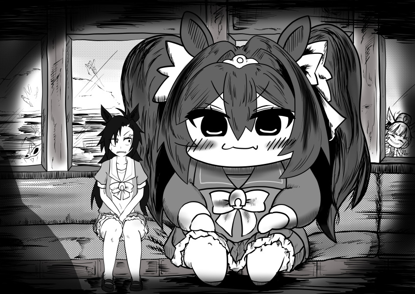 3girls, absurdres, air_shakur_(umamusume), alternate_size, animal_ears, anya's_heh_face_(meme), bangs, bow