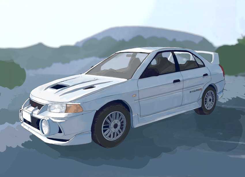 achiachikonro10, car, commentary_request, forest, ground_vehicle, highres, mitsubishi_lancer_evolution, mitsubishi_motors