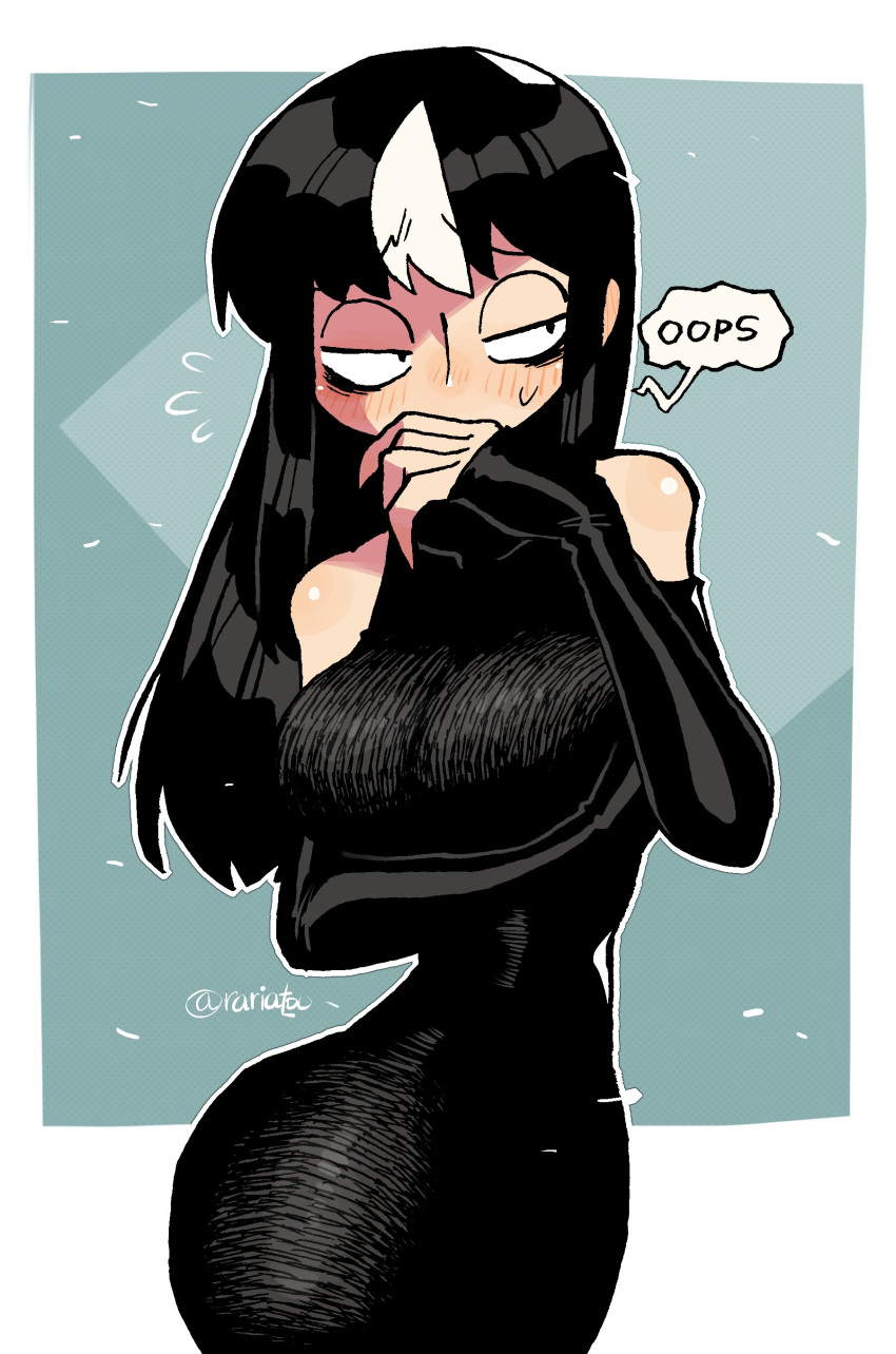 1girl, absurdres, arm_under_breasts, black_dress, black_gloves, black_hair, blush, breasts