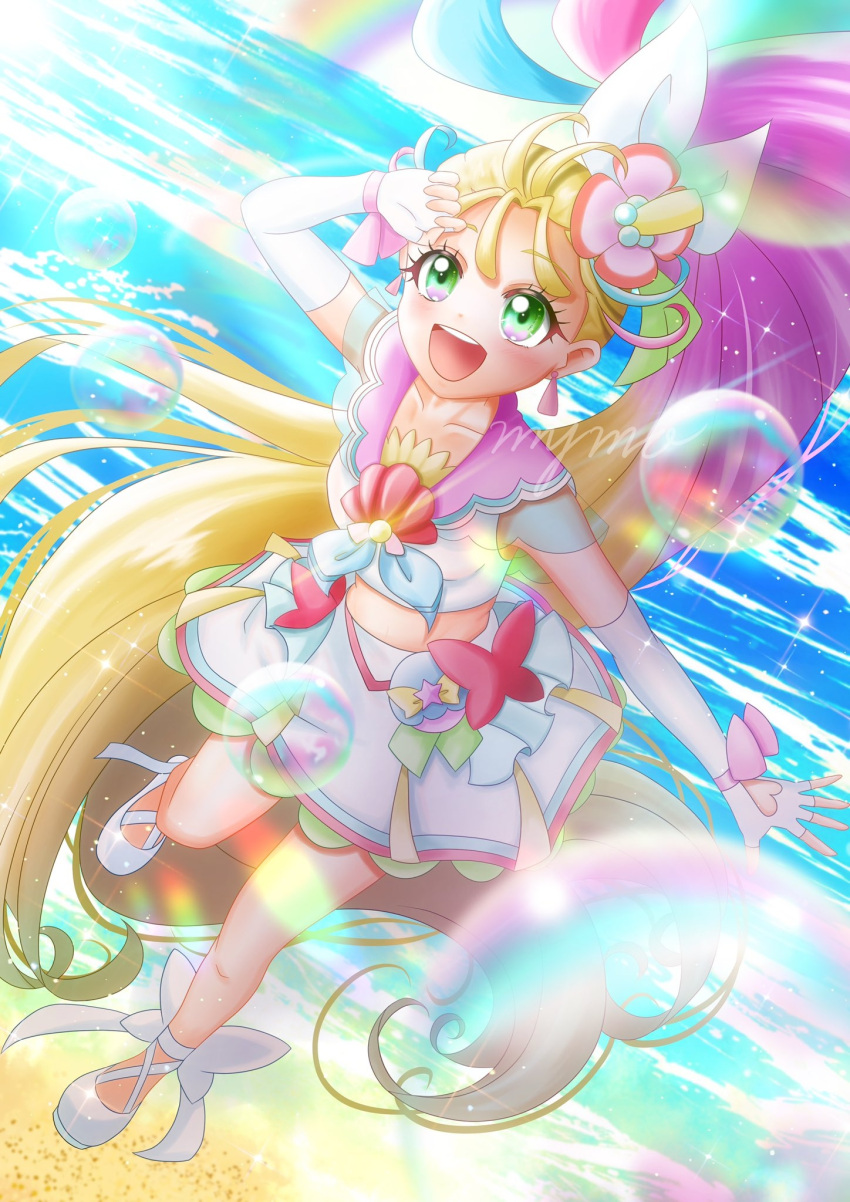 1girl, :d, absurdly_long_hair, ankle_bow, arm_up, bangs, beach, blonde_hair