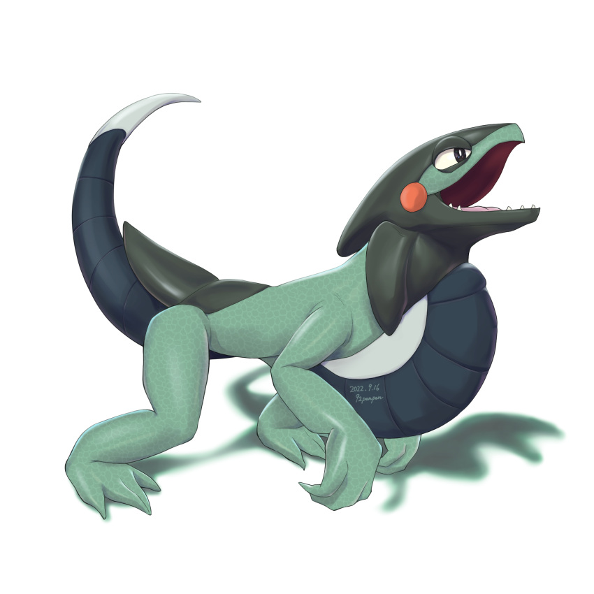 92penpen, black_eyes, bright_pupils, commentary_request, cyclizar, dated, full_body, highres, no_humans, open_mouth, pokemon, pokemon_(creature), sharp_teeth, signature, solo, teeth, tongue, white_background, white_pupils