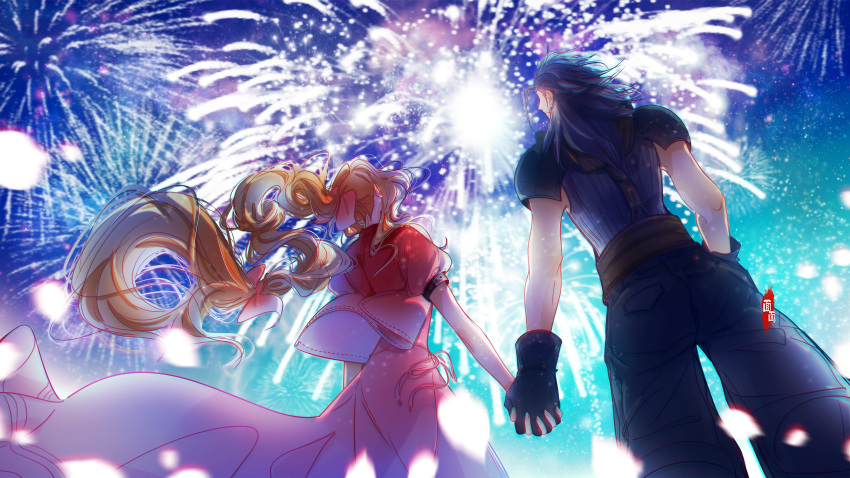 1boy, 1girl, absurdres, aerith_gainsborough, armor, back, black_hair, braid, braided_ponytail, brown_hair, couple, crisis_core_final_fantasy_vii, dress, earrings, final_fantasy, final_fantasy_vii, final_fantasy_vii_remake, fireworks, from_behind, gloves, hair_ribbon, highres, holding_hands, jacket, jewelry, long_hair, mianmian741, outdoors, pink_dress, pink_ribbon, red_jacket, ribbon, scar, scar_on_cheek, scar_on_face, shoulder_armor, sky, spiky_hair, star_(sky), starry_sky, sweater, turtleneck, turtleneck_sweater, zack_fair