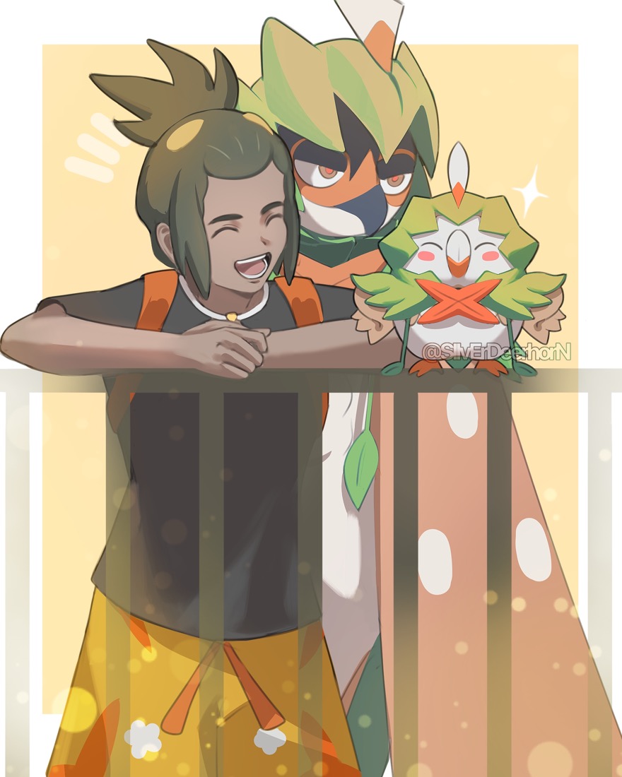1boy, :d, black_shirt, closed_eyes, commentary_request, dark-skinned_male, dark_skin, decidueye