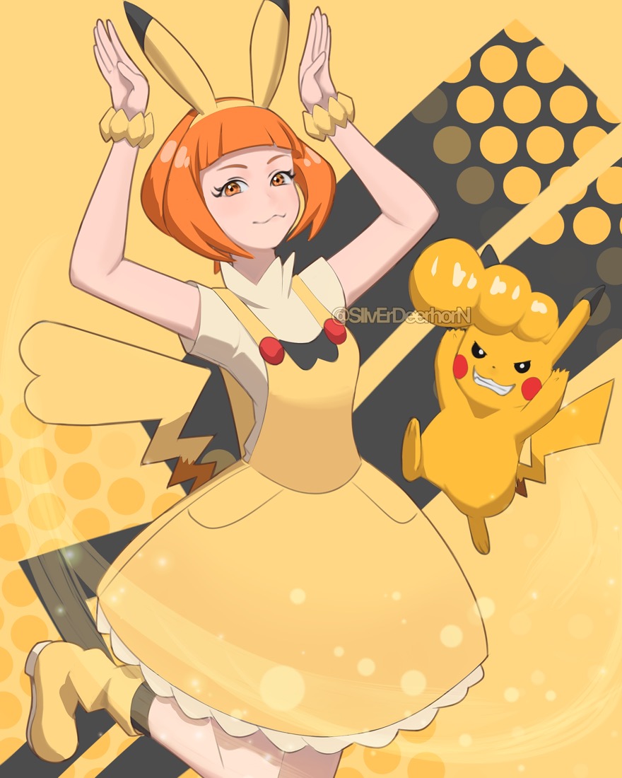 1girl, :3, bangs, blunt_bangs, boots, bracelet, closed_mouth, commentary_request, dress, eyelashes, hairband, jewelry, leg_up, looking_at_viewer, orange_eyes, orange_hair, pikachu, pikala, pokemon, pokemon_(anime), pokemon_(creature), pokemon_sm_(anime), pose, shirt, short_hair, short_sleeves, silverdeerhorn, smile, socks, yellow_dress, yellow_footwear, yellow_hairband