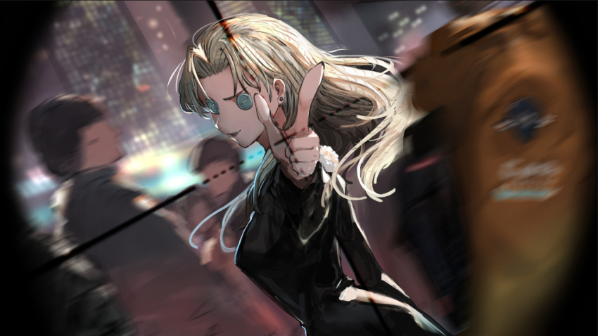 bangs, black_coat, blonde_hair, blurry, blurry_background, building, button_eyes, buttons
