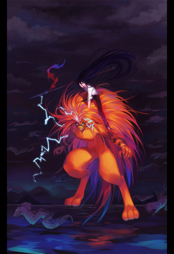 2boys, abs, absurdly_long_hair, aotsuki_ushio, beast_spear, black_hair, clouds, cloudy_sky