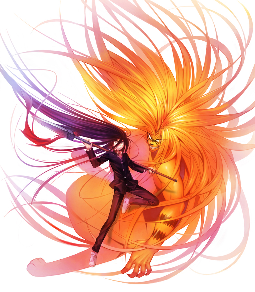 2boys, abs, absurdly_long_hair, aotsuki_ushio, beast_spear, black_hair, fighting_stance, full_body
