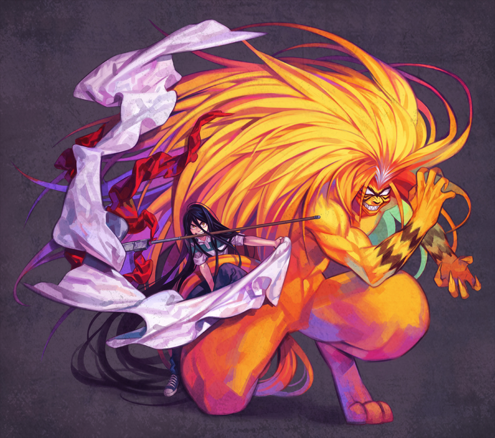 2boys, abs, absurdly_long_hair, aotsuki_ushio, beast_spear, black_hair, denim, fighting_stance