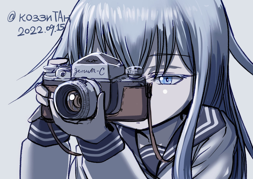 1girl, black_sailor_collar, camera, commentary_request, dated, grey_background, grey_hair, hibiki_(kancolle)