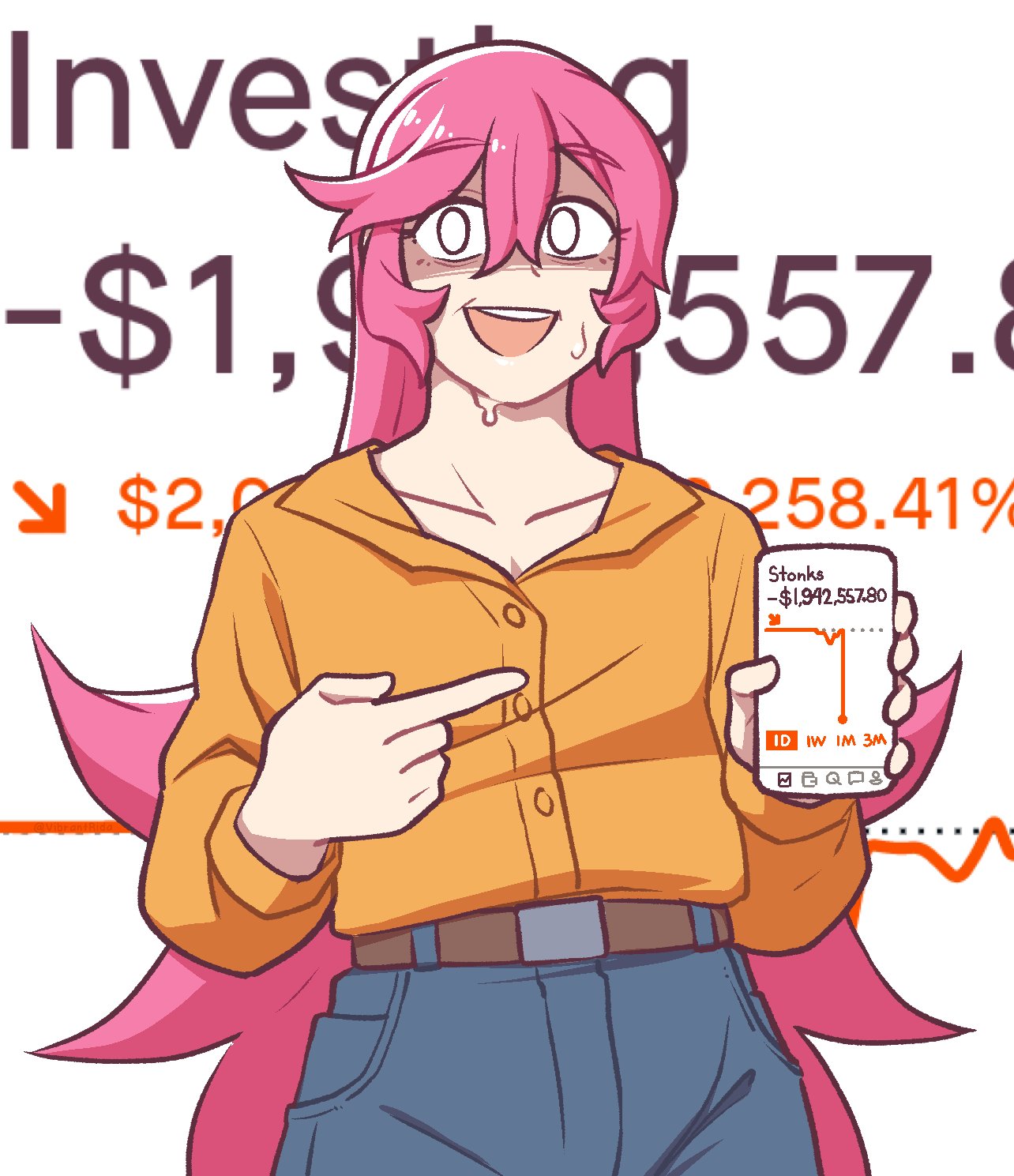 1girl, bangs, belt, blue_pants, buttons, cellphone, collared_shirt, commentary