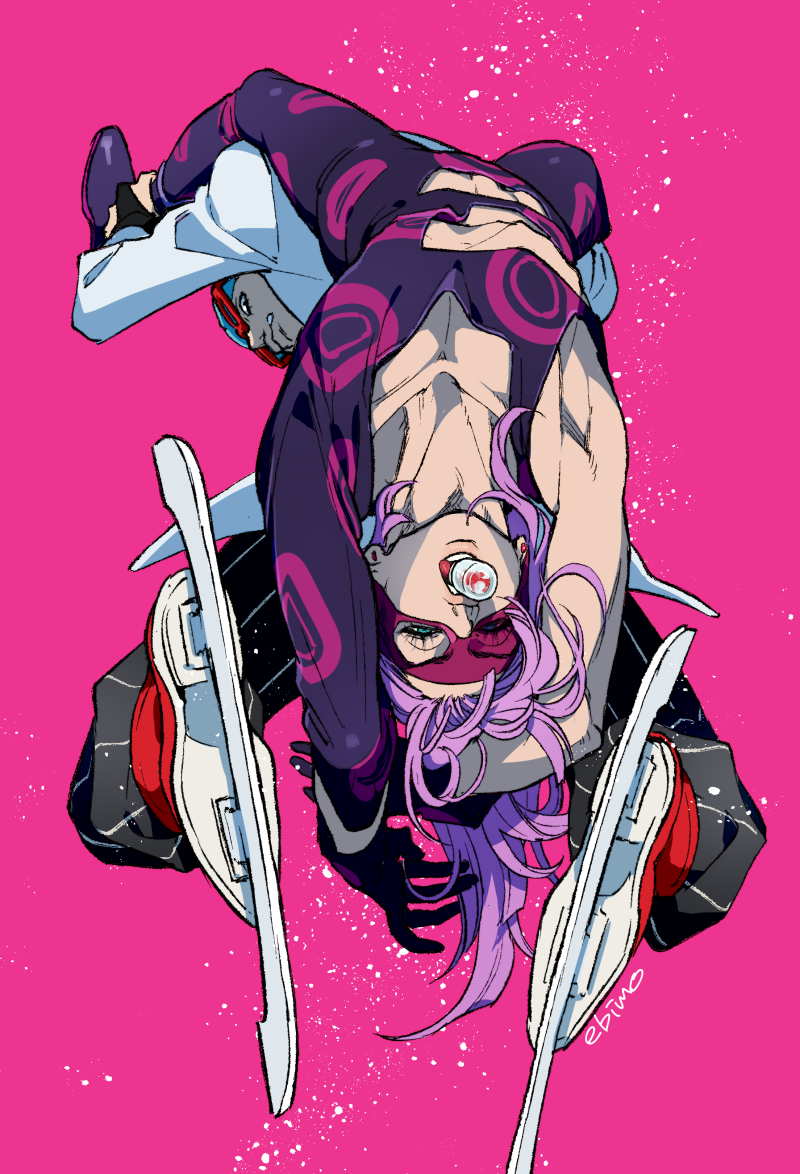 2boys, armpits, black_eyes, black_gloves, black_pants, blue_eyes, blue_hair, full_body