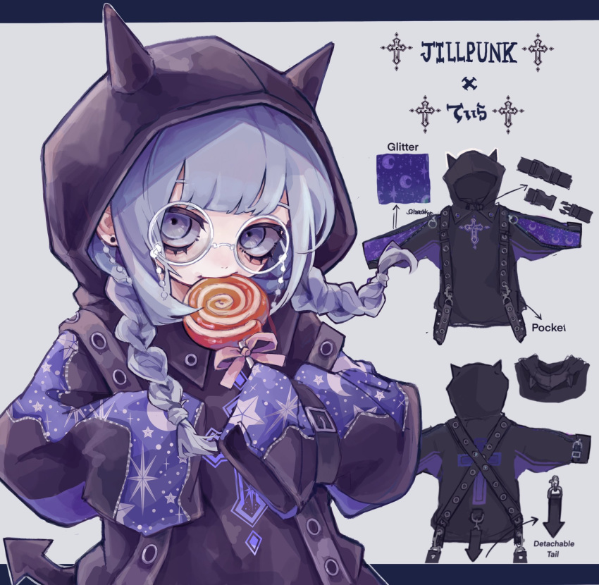 1girl, bangs, black_hoodie, braid, candy, crescent_print, demon_horns, demon_tail