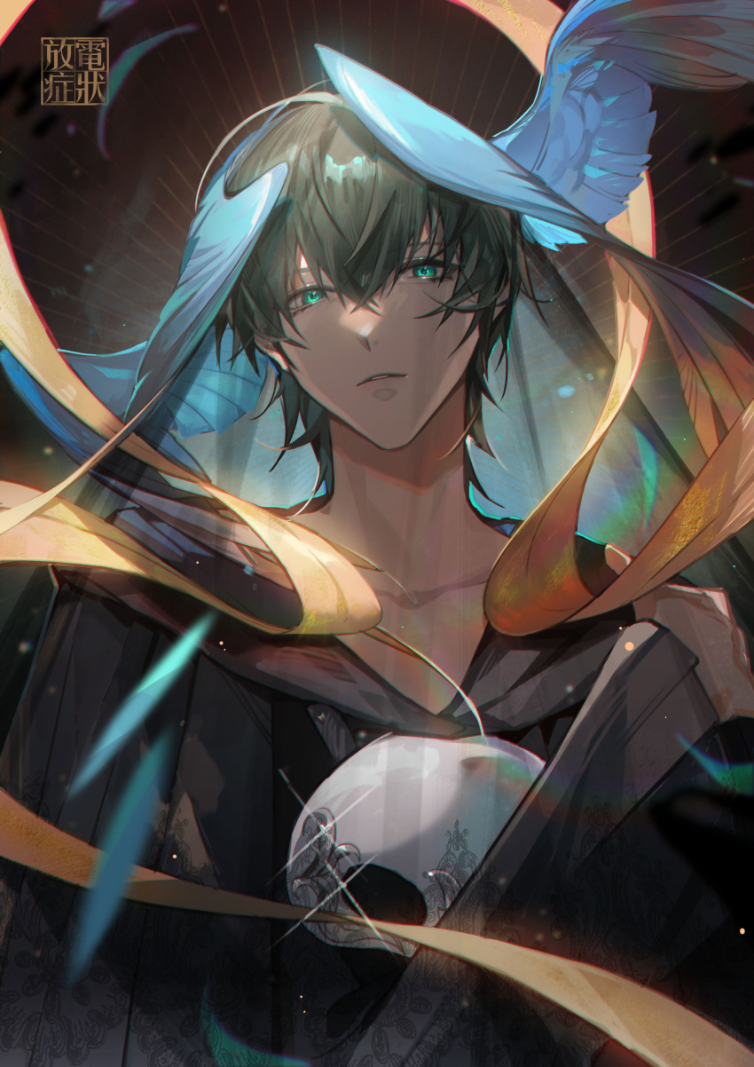 1boy, absurdres, artist_name, bangs, bird_wings, black_background, black_hair, black_robe