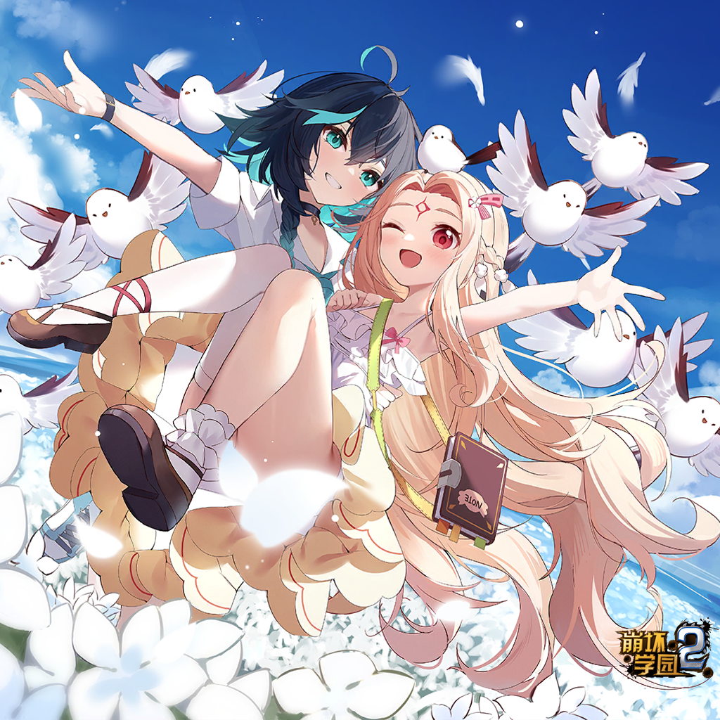 2girls, ;d, aqua_eyes, bangs, benghuai_xueyuan, bird, black_choker, black_hair