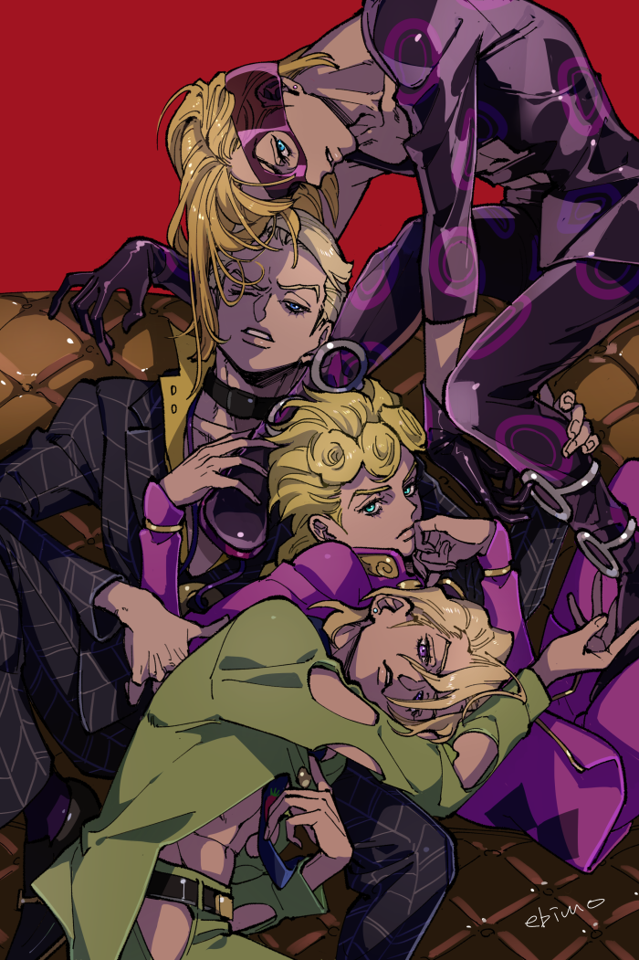 4boys, belt, black_choker, black_jacket, black_pants, blonde_hair, blue_eyes, choker