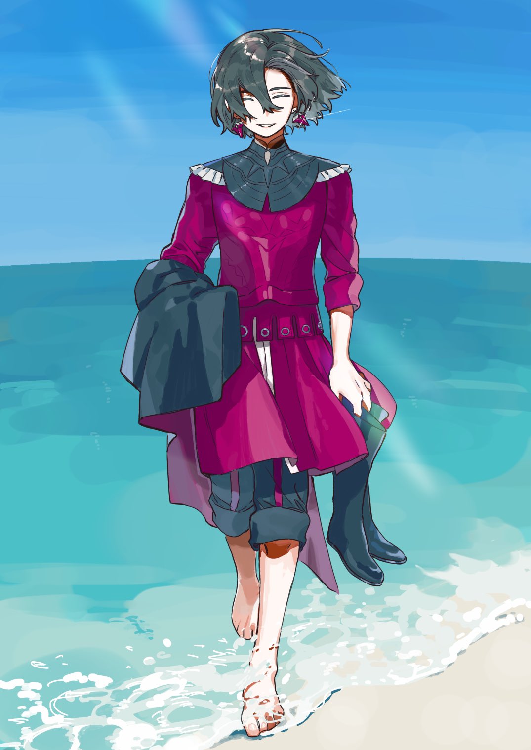 1boy, ^_^, armor, barefoot, beach, black_footwear, black_hair, black_pants