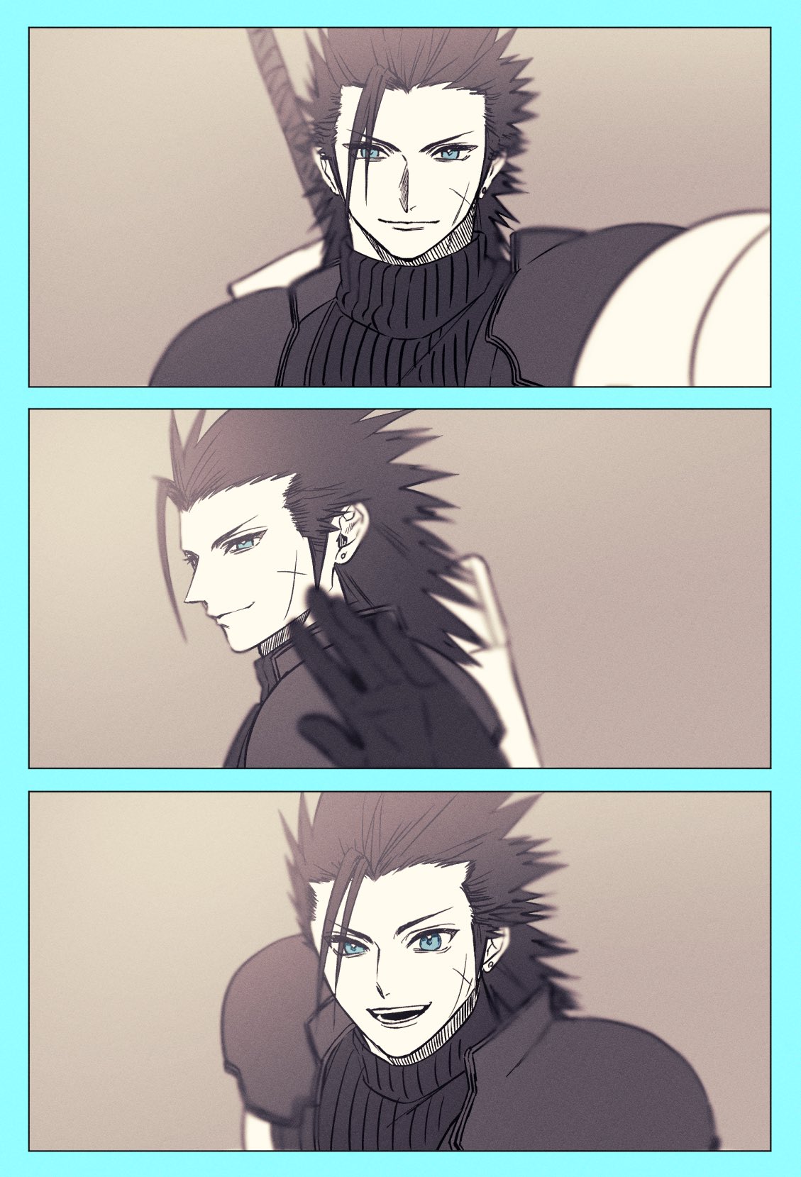 1boy, ah_yoshimizu, armor, asymmetrical_bangs, bangs, black_gloves, black_hair, blue_border