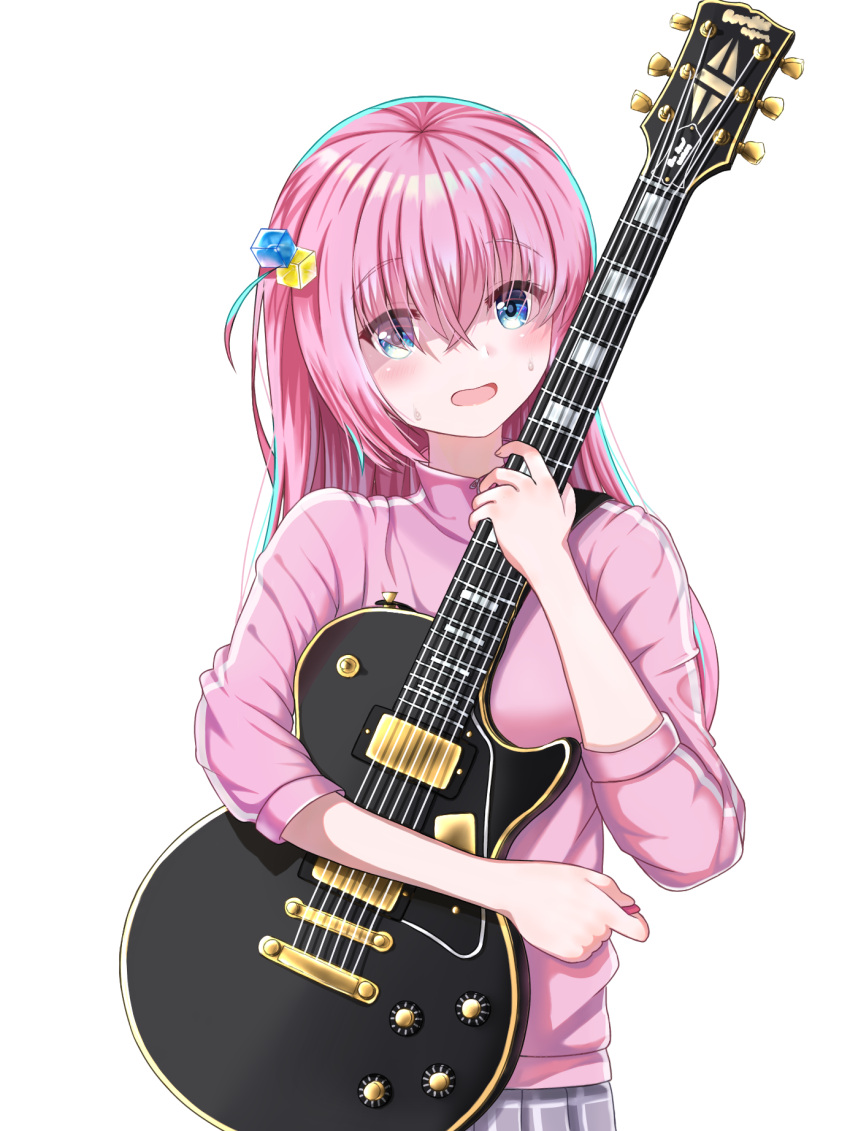 1girl, blue_eyes, blush, bocchi_the_rock!, commentary_request, electric_guitar, gibson_les_paul, gotoh_hitori, gotou_hitori, guitar, hair_ornament, highres, holding, holding_instrument, instrument, jacket, jersey, long_hair, mitsumoti_8, pink_hair, shaded_face, skirt, solo, sweatdrop, track_jacket, track_suit