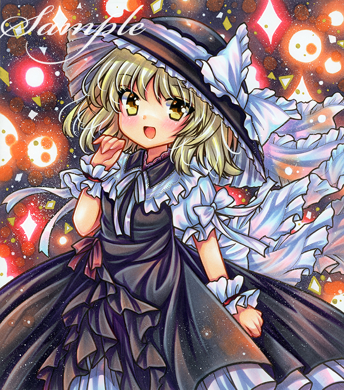 1girl, :d, bangs, black_dress, black_headwear, blonde_hair, blush, bow