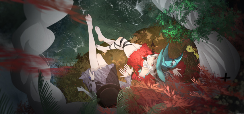 2girls, absurdly_long_hair, absurdres, aqua_headwear, arknights, ascot, barefoot, black_ascot
