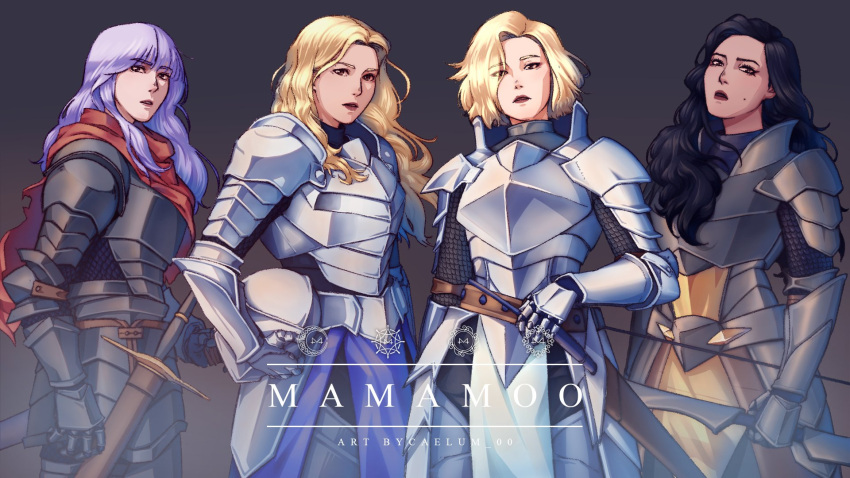 4girls, alternate_costume, animification, armor, bangs, black_eyes, black_hair, brown_eyes