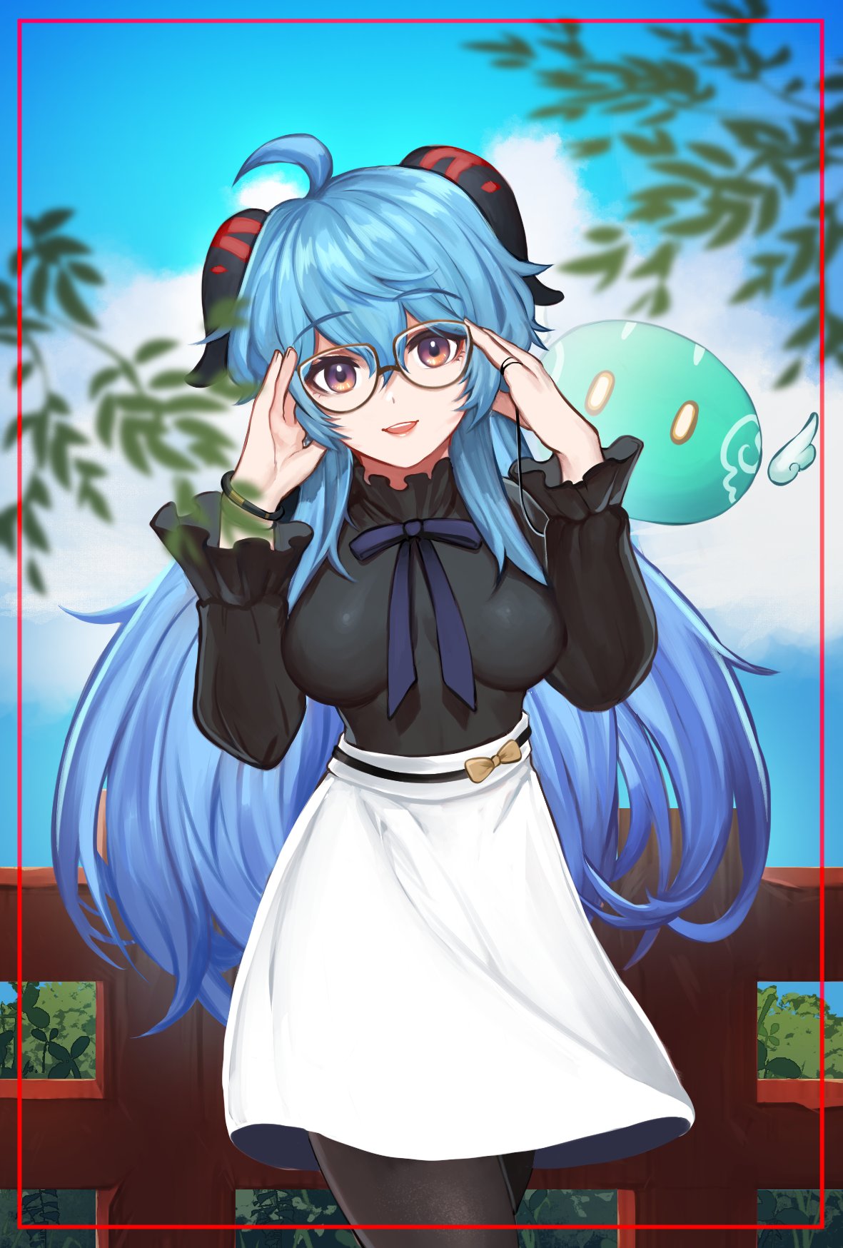 1girl, adjusting_eyewear, ahoge, bangs, black_pantyhose, blue_bow, blue_hair, blush, bow, breasts, cowboy_shot, ellmyr, ganyu_(genshin_impact), genshin_impact, glasses, highres, horns, long_hair, long_skirt, looking_at_viewer, medium_breasts, official_alternate_costume, pantyhose, sidelocks, skirt, slime_(genshin_impact), smile, solo, very_long_hair, violet_eyes, white_skirt